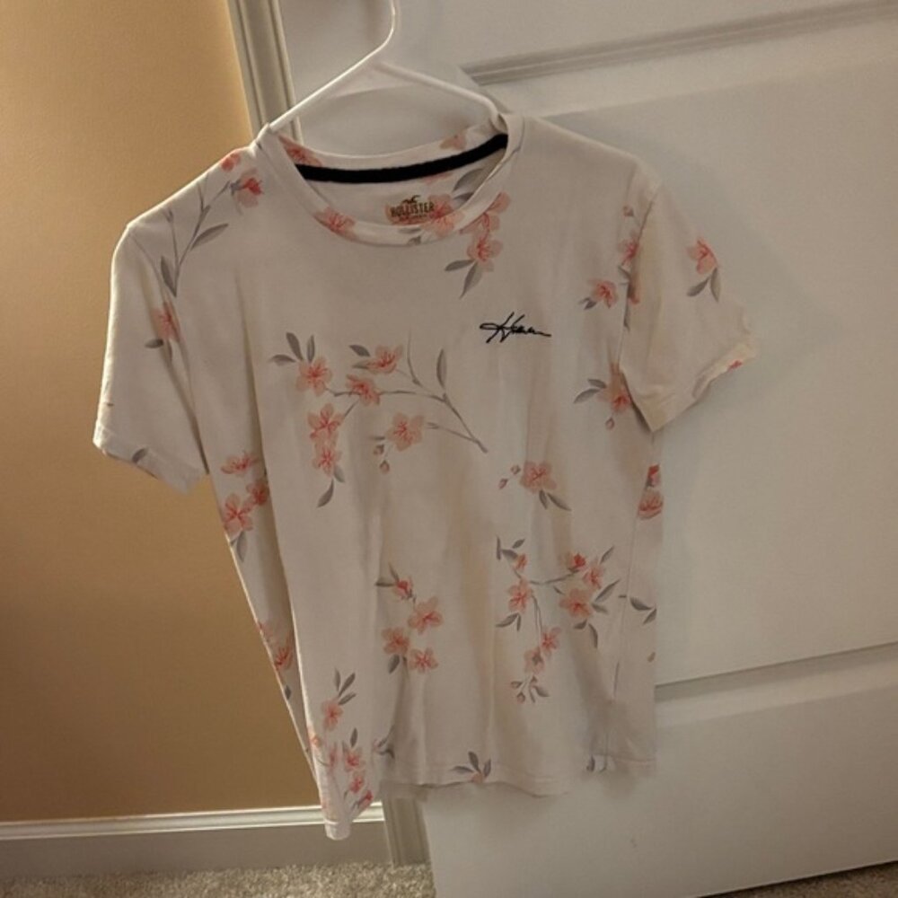 Hollister White Tee with Pink Floral Design